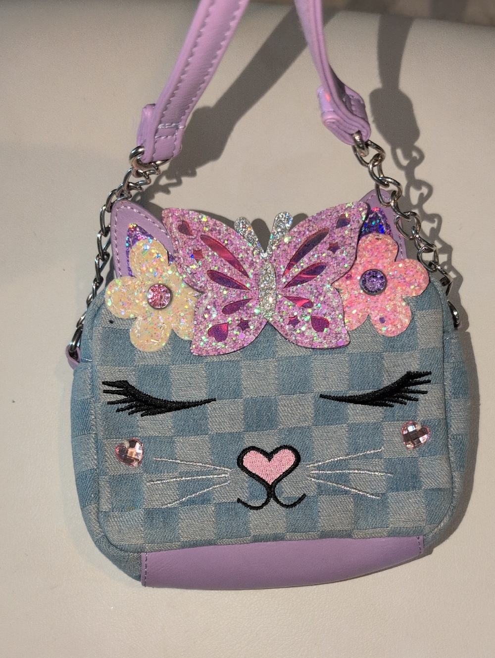 Glitter Butterfly Cat Crossbody Bag in Pastel Pink & Light Blue